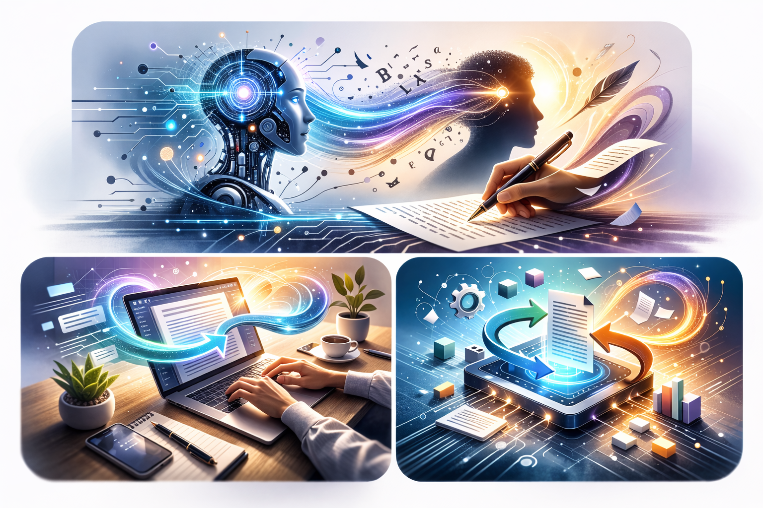 Conceptual artwork of artificial intelligence transferring ideas to human writing