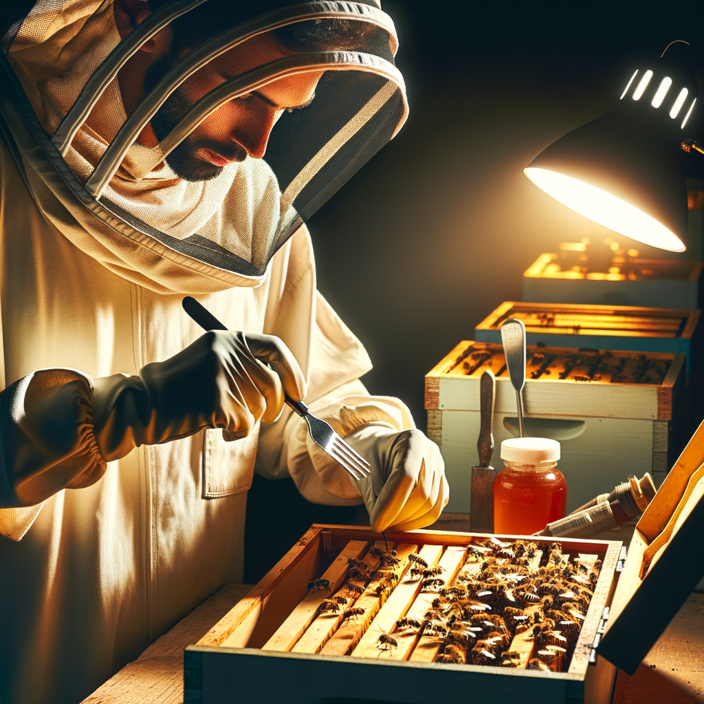 Beekeeper performing beehive maintenance, demonstrating hive cleaning tips and essentials for a clean hive, emphasizing on beekeeping hygiene and hive sanitation practices
