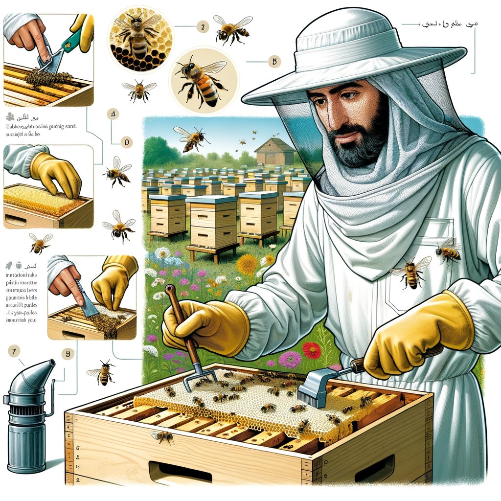 Beekeeper demonstrating hive cleaning methods with essential tools, providing a guide to beehive maintenance and care tips for an article on beekeeping essentials and techniques.