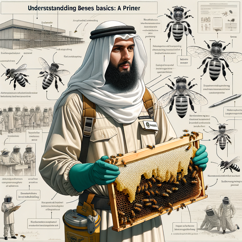 Beekeeping basics visual guide featuring a beginner beekeeper handling a honeycomb frame, highlighting beekeeping techniques, essentials, and fundamentals for understanding beekeeping 101.