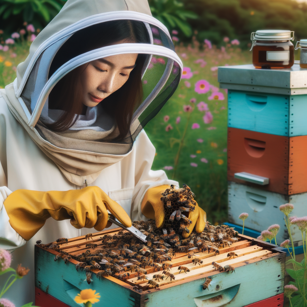 Beekeeper in protective gear performing beehive maintenance for disease prevention, highlighting healthy beekeeping practices and successful control of honey bee diseases for optimal bee health.