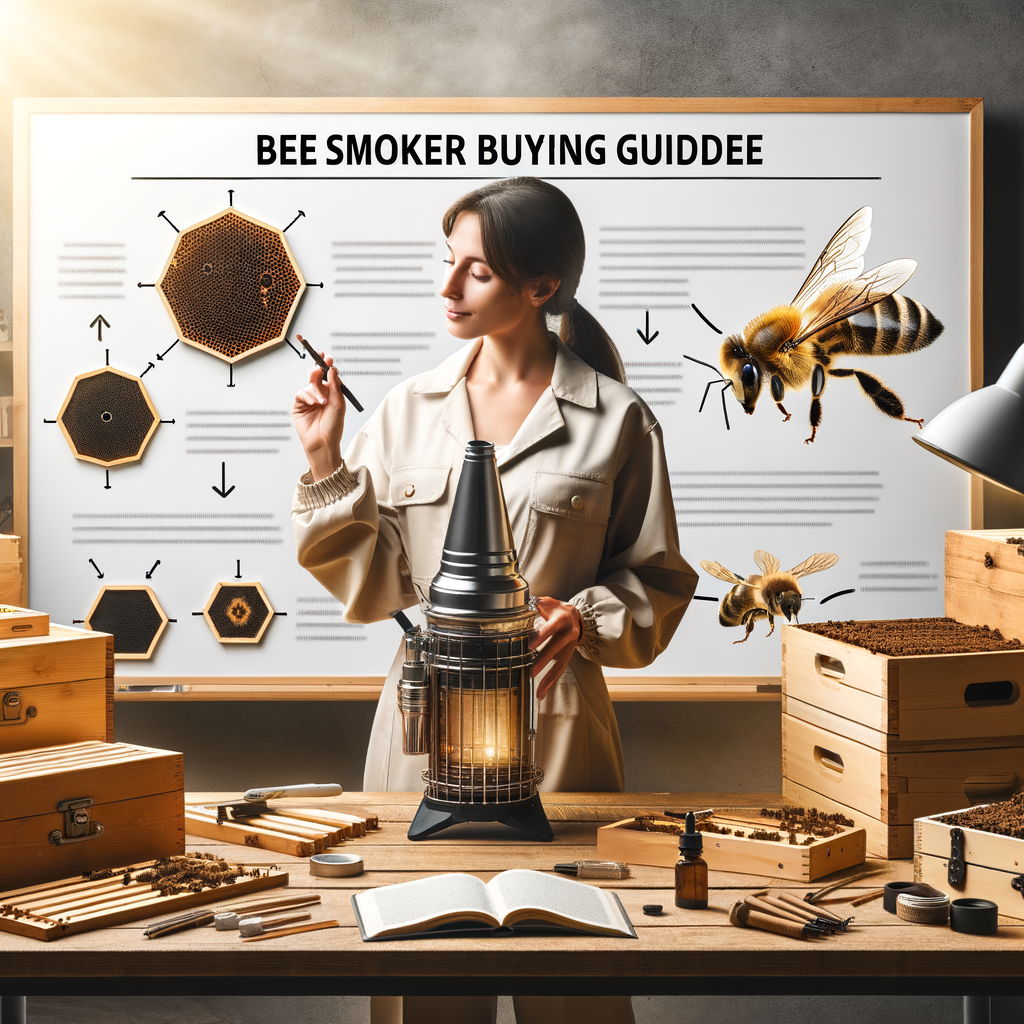 Professional beekeeper demonstrating best bee smoker usage, surrounded by quality bee smoker equipment, with a bee smoker buying guide and reviews for optimal bee smoker selection.