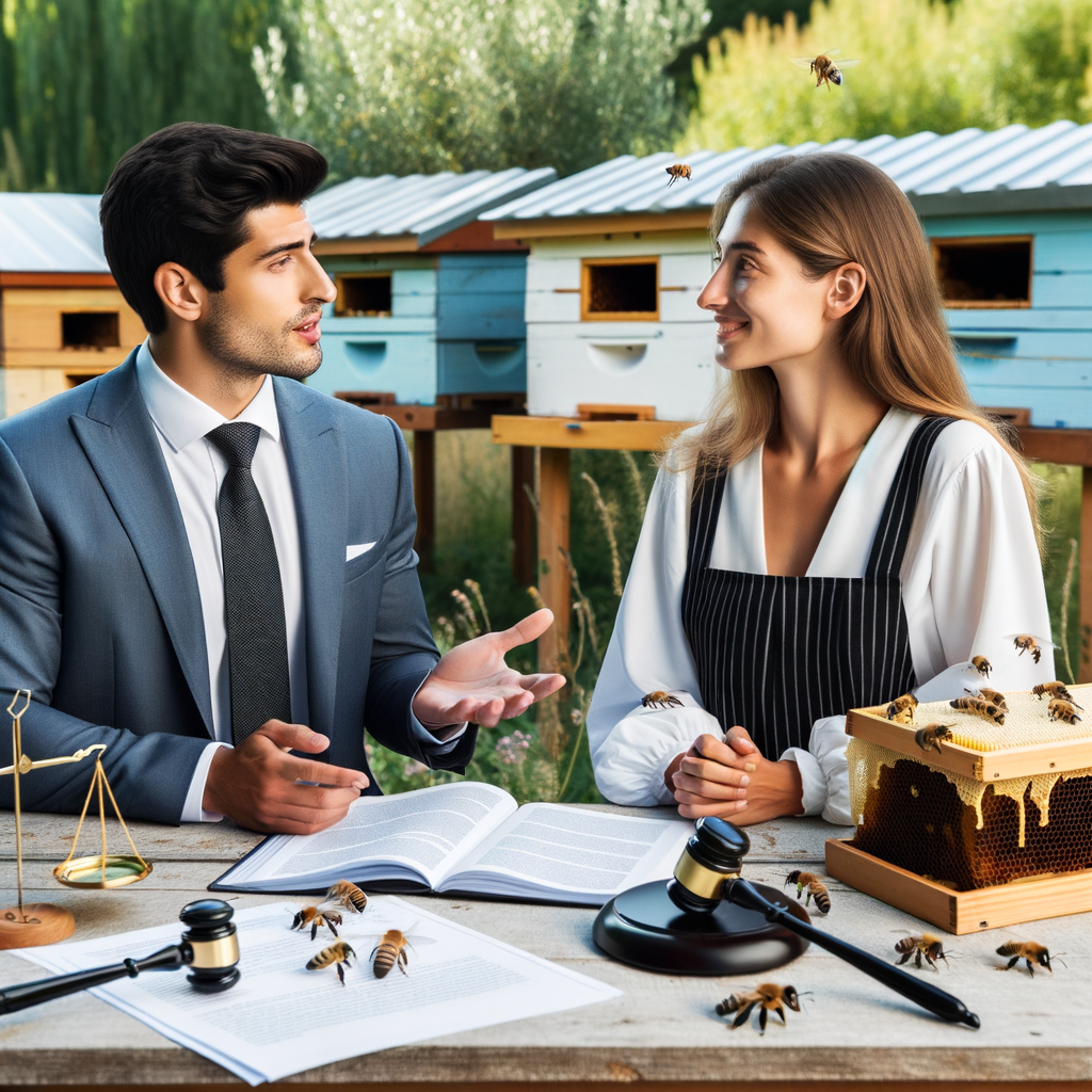 Lawyer discussing beekeeping laws and regulations with beekeeper at an apiary, highlighting legal aspects of beekeeping and honey bee law with a legal guide for beekeepers and related documents.