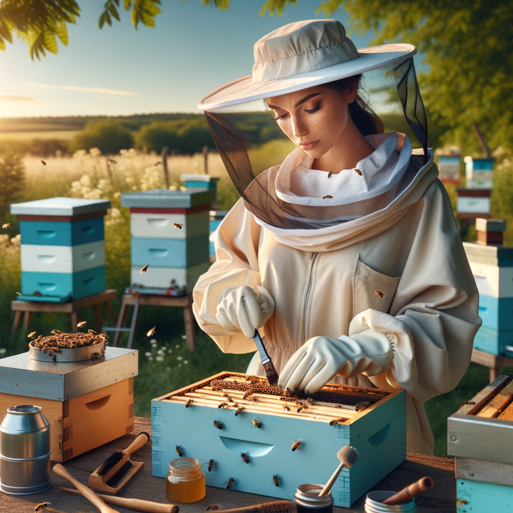 Beekeeper in protective gear demonstrating hive maintenance with beehive cleaning essentials, showcasing various hive cleaning methods and products for optimal beehive sanitation.