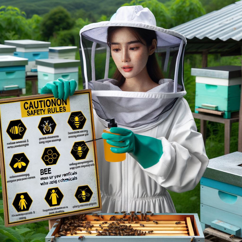 Beekeeper following safety protocols in handling chemicals for beekeeping, demonstrating safe beekeeping practices and chemical safety in honey production