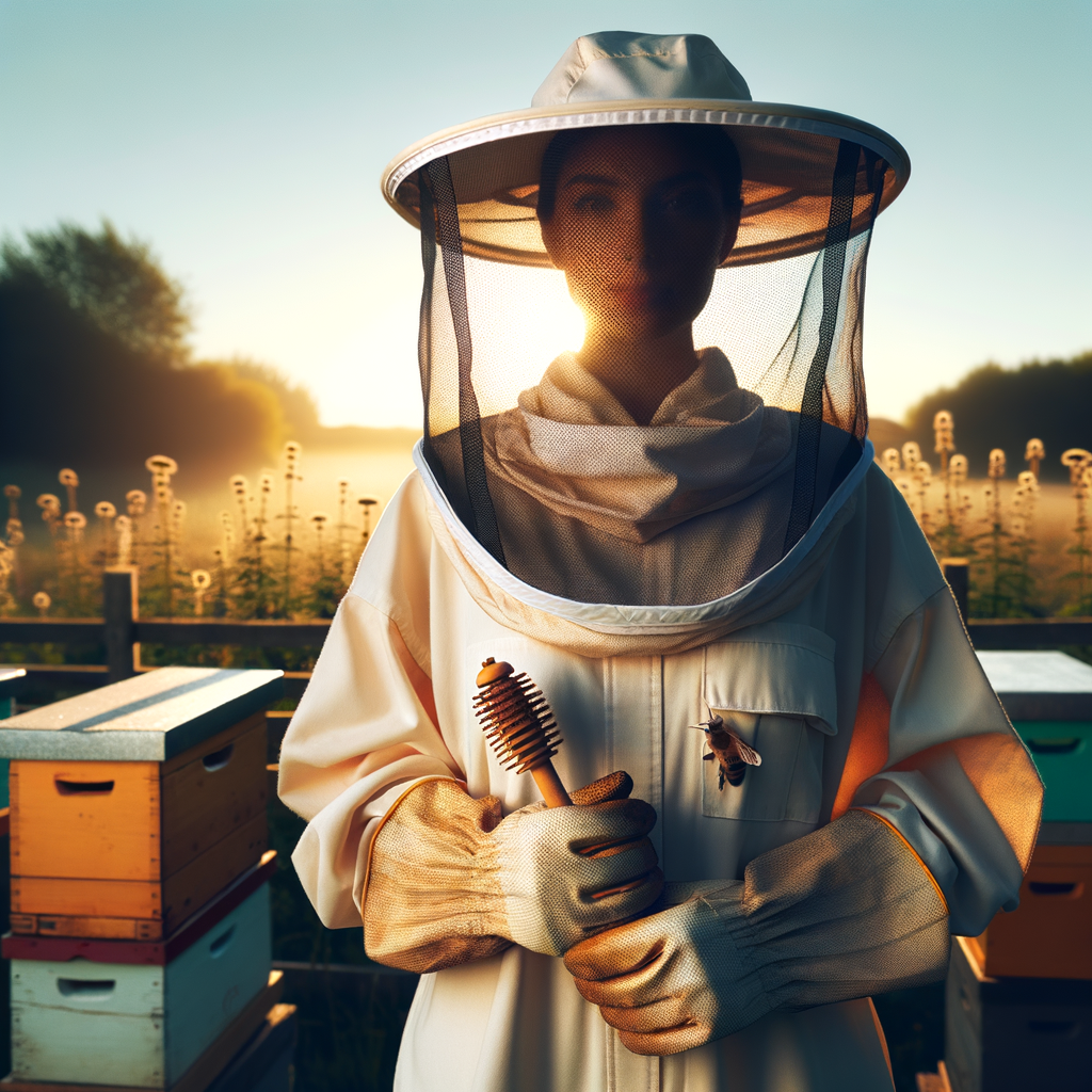Beekeeper demonstrating the importance of beekeeping safety equipment including a beekeeping helmet, veil, gloves, and suit, highlighting the significance of bee sting protection gear and safety in beekeeping