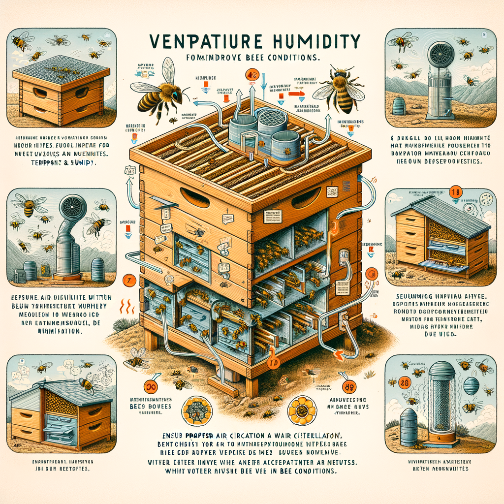 Beehive ventilation methods illustration highlighting the importance of ventilation in beehives, showcasing beehive temperature and humidity control techniques, and the benefits of proper beehive air circulation.