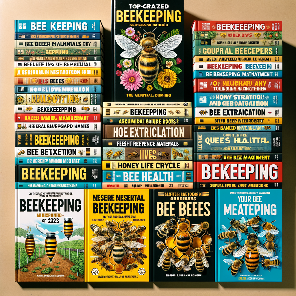 Stack of top beekeeping guide books for 2023, showcasing best books on beekeeping, essential manuals, recommended reference books, and new educational literature on beekeeping.
