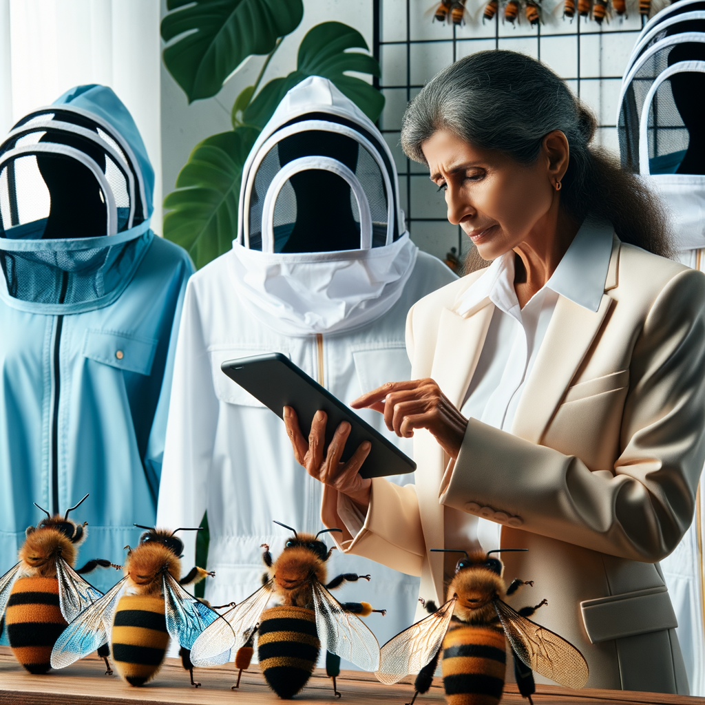 Professional beekeeper examining best beekeeping suits on a rack, highlighting protective gear, safety wear, and features for an informed beekeeping suit selection