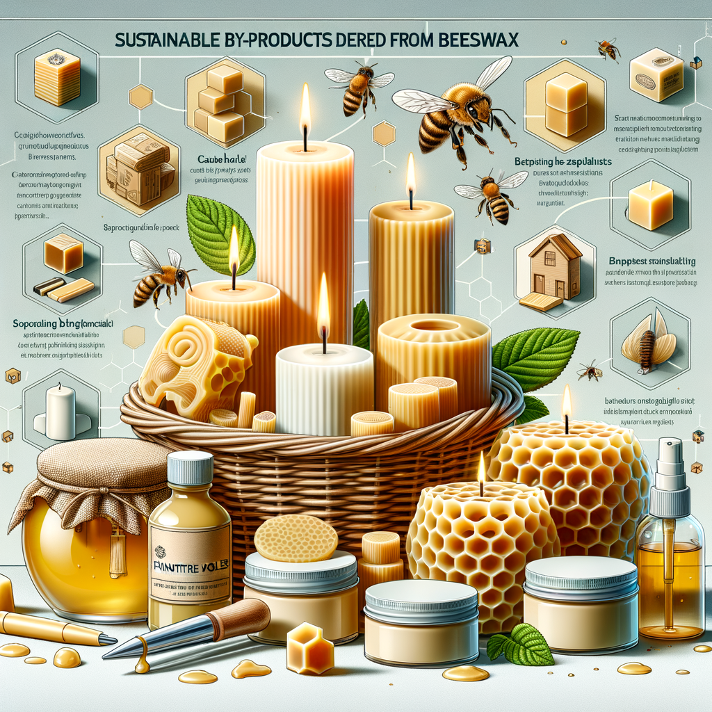 Beeswax by-products such as candles, lip balm, and furniture polish showcasing the sustainable use, benefits, and applications in the beeswax by-product industry, with an infographic on beeswax by-product recycling and processing.