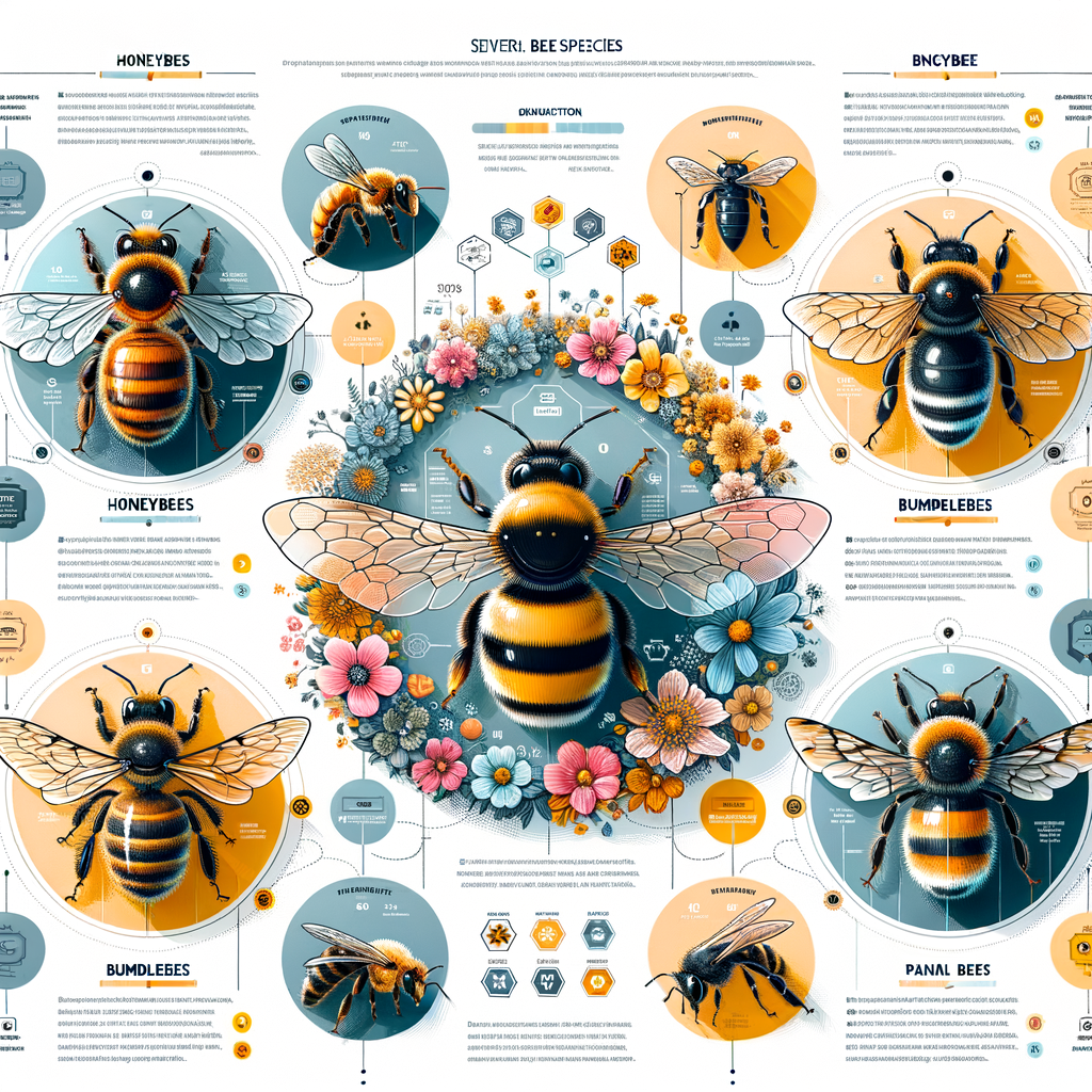Infographic illustrating various bee species including honeybees and bumblebees, their unique roles in the bee hierarchy, behavior within colonies, identification features, and crucial roles in the ecosystem for understanding different bee types and roles.