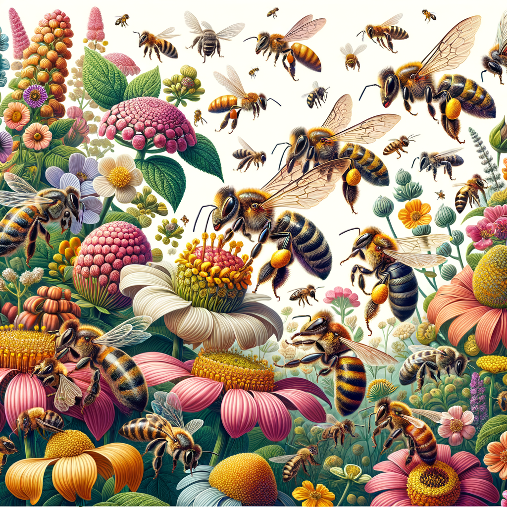 Vibrant illustration of various bee species engaged in pollination, demonstrating the importance of bees in ecosystems, their role in biodiversity and plant reproduction, and the need for bee conservation for environmental sustainability.