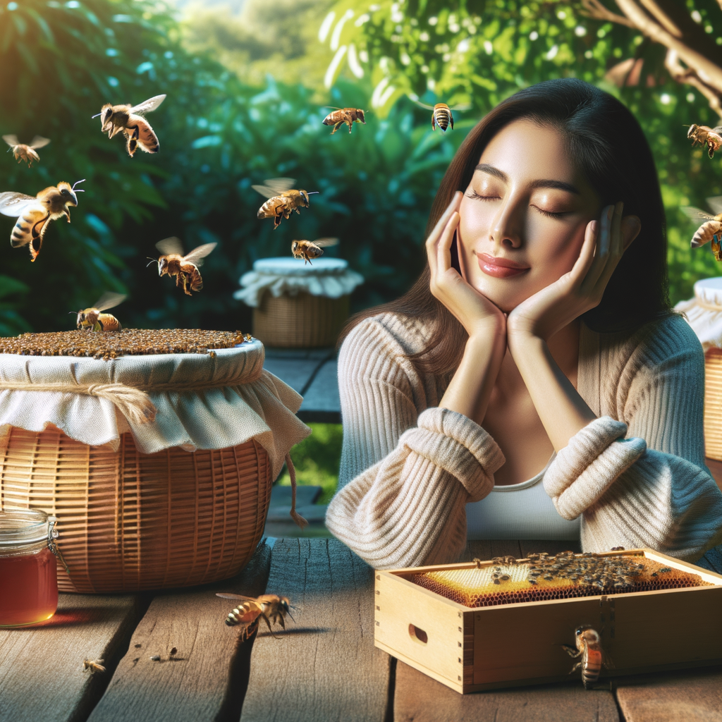 Individual practicing beekeeping for stress relief in a lush garden, showcasing the therapeutic effects and mental health benefits of bees for relaxation and natural anxiety relief.