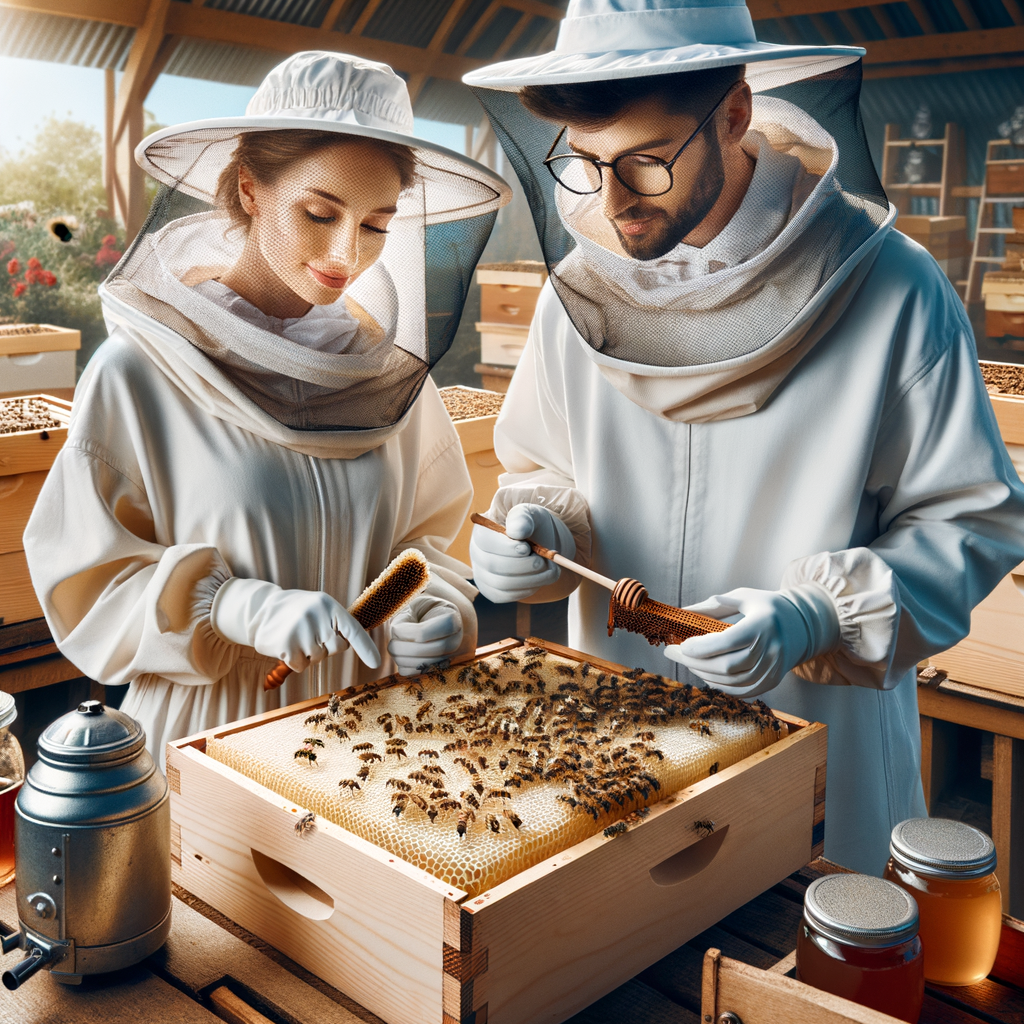 Beekeeping basics demonstrated by a professional in protective gear during a beehive inspection, showcasing hive management, beehive maintenance, honey bee care, apiary management, honey production, beehive pest control, and maintaining a healthy beehive for beginners.