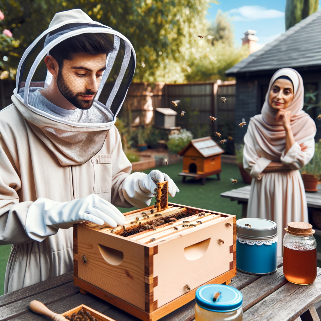 Beginner beekeeper in suburban backyard using natural beekeeping methods and equipment for home honey production, illustrating the benefits of urban and backyard beekeeping, and adherence to beekeeping laws.