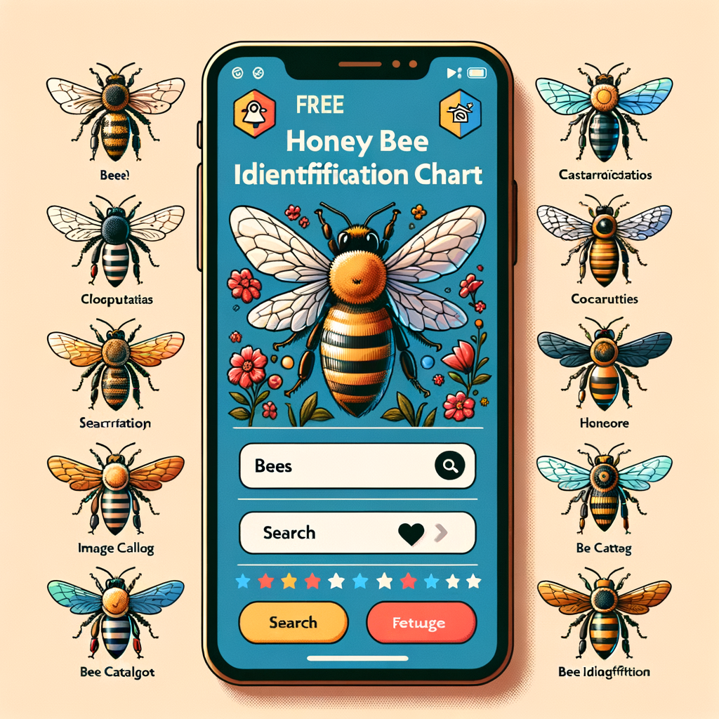 Professional honey bee identification chart displaying the 3 most common types of bees, along with a visual of a bee identification app, for a free bee identification guide.
