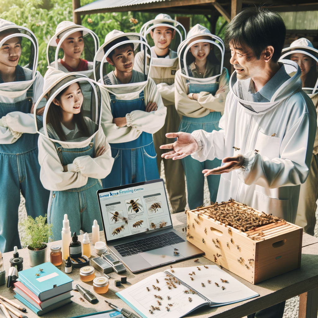 Professional beekeeping instructor providing beekeeping training to beginners during a class, showcasing honey bee farming courses, apiary courses, beekeeping certification materials and online beekeeping course interfaces in the background.