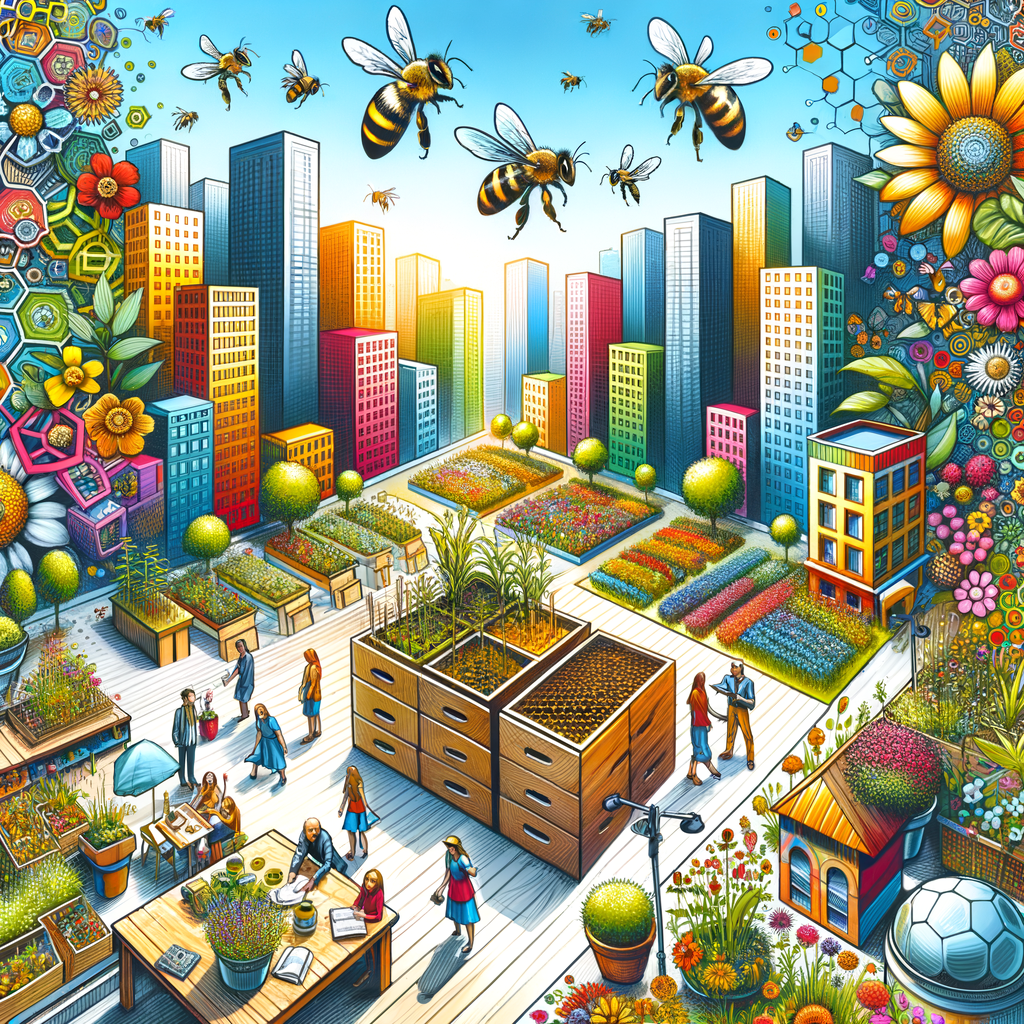 Vibrant urban bee habitat illustrating the importance of creating bee habitats, urban beekeeping practices, bee conservation in cities, and the promotion of bee-friendly urban environments for a thriving urban bee ecosystem.