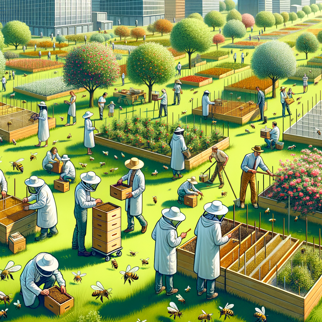 Urban beekeepers practicing pollination methods in a diverse urban orchard, demonstrating fruit tree care and propagation techniques, highlighting the significance of pollinator-friendly trees in urban agriculture.