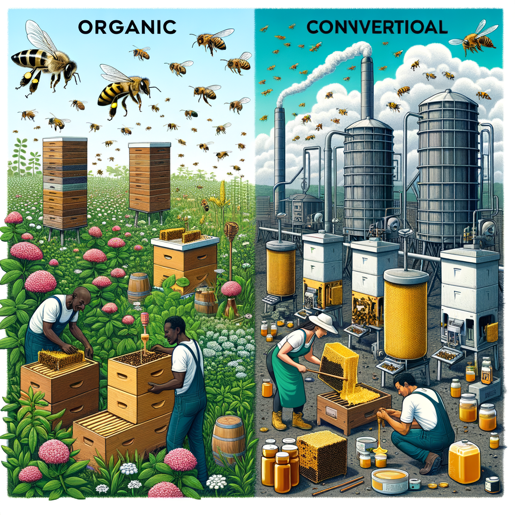 Infographic comparing Organic Beekeeping and Conventional Beekeeping practices, highlighting differences in Honey Production Methods, Sustainable Beekeeping, and Natural Beekeeping Techniques for Organic Honey Production vs Conventional Honey Harvesting.