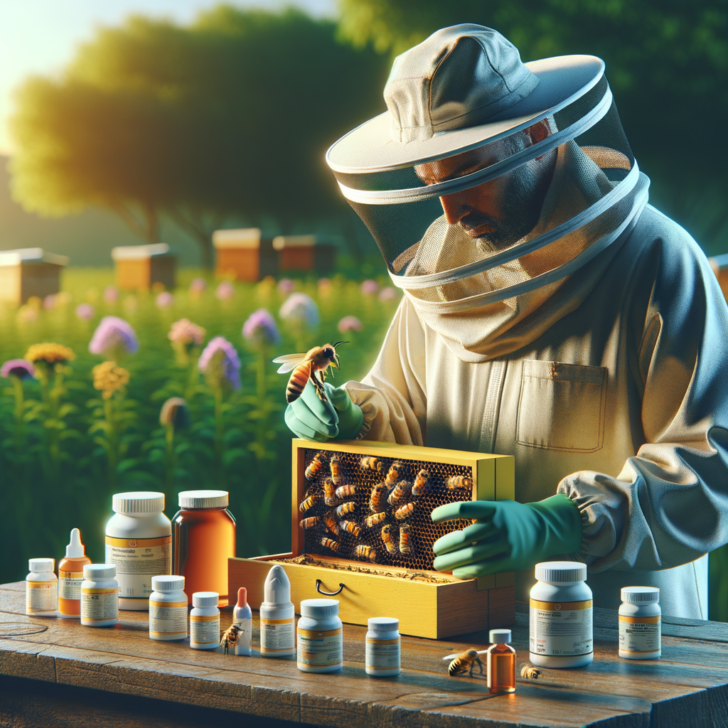 Beekeeper in protective gear performing bee disease identification, highlighting symptoms of common diseases in bees, with medication and solutions for bee diseases displayed, emphasizing the importance of beekeeping disease management for bee health.