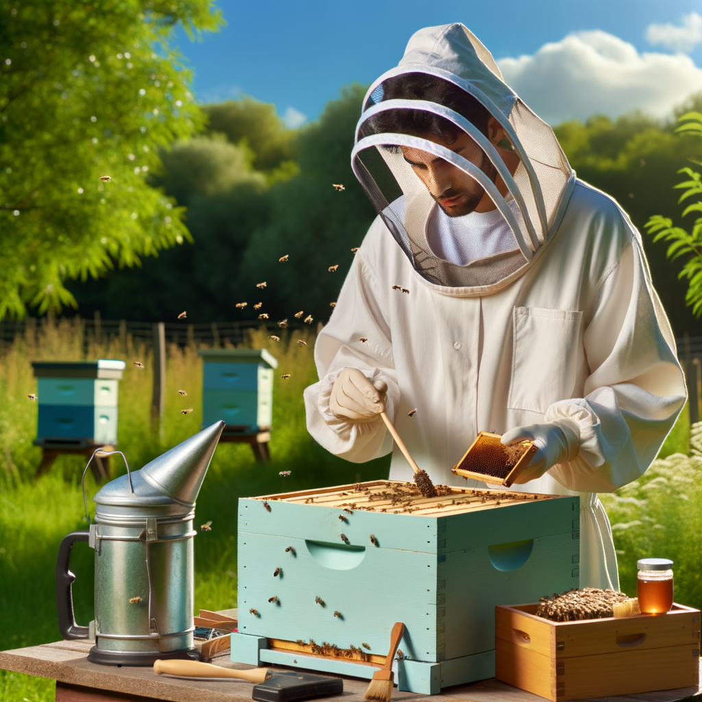 Beginner beekeeper in protective gear demonstrating the basics of beekeeping, beekeeping techniques, and honey production basics with well-maintained beehive and beekeeping equipment, highlighting how to start beekeeping, beehive maintenance, apiary management, and beekeeping benefits.