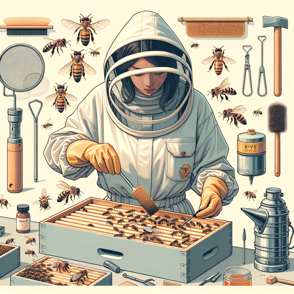 Beekeeping basics illustrated by a beginner beekeeper handling a hive frame, showcasing essential beekeeping tools and techniques for understanding beekeeping in this comprehensive beekeeping guide for beginners.