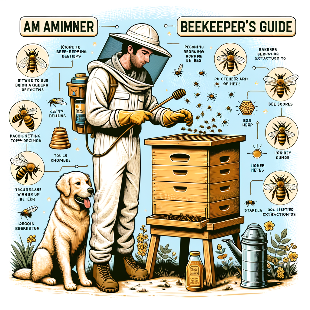 Novice beekeeper in protective gear learning beekeeping basics in a backyard honey bee farm, showcasing beginner's guide to beekeeping, beekeeping equipment, and tips on how to start beekeeping.