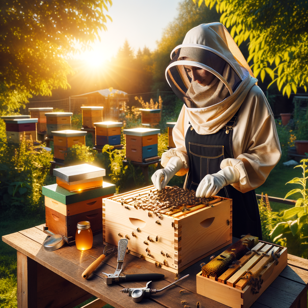 Beginner beekeeper setting up a new hive during the best time for beekeeping season, showcasing beekeeping essentials, equipment, benefits, and tips for starting beekeeping as a guide for beekeeping startups.