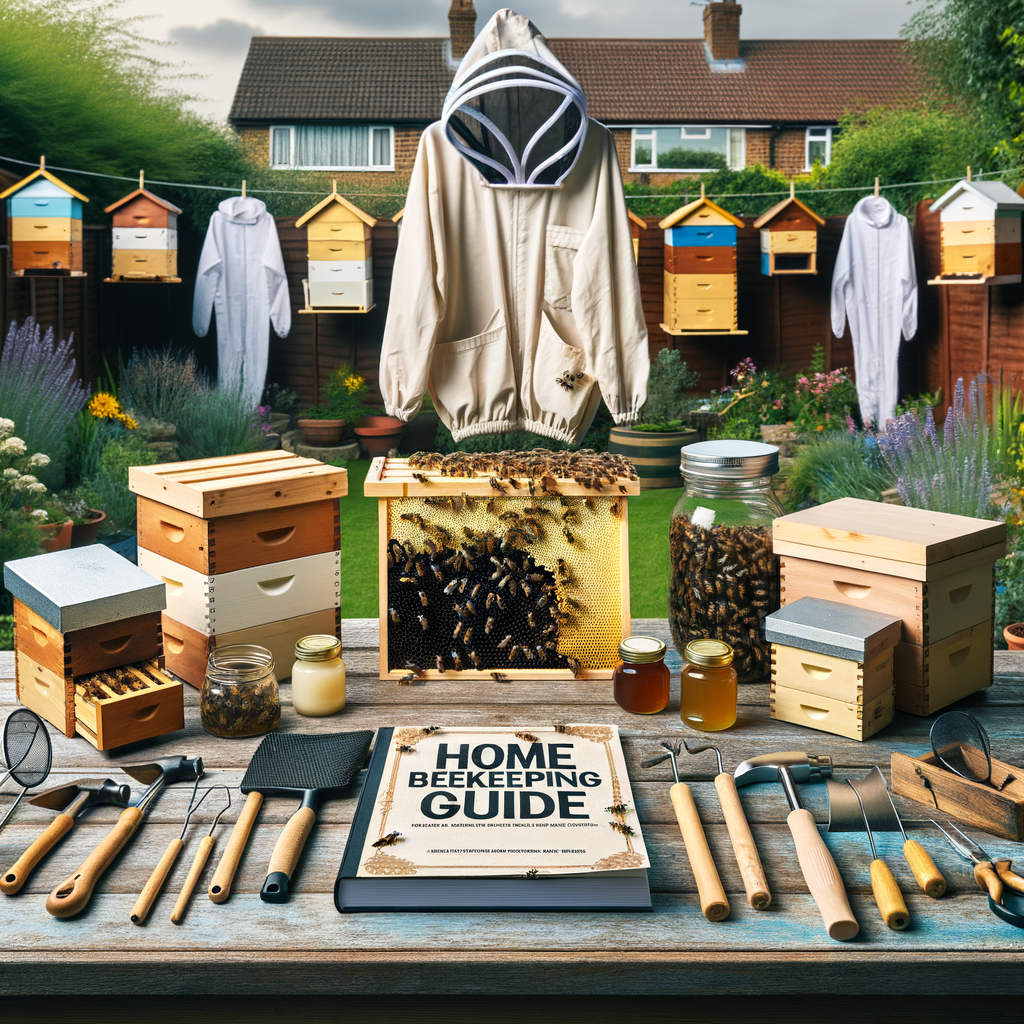 Beginner's home beekeeping setup in a suburban backyard featuring essential equipment, DIY guidebook 'Home Beekeeping Guide', highlighting concepts of starting beekeeping at home, urban beekeeping, and home honey production.