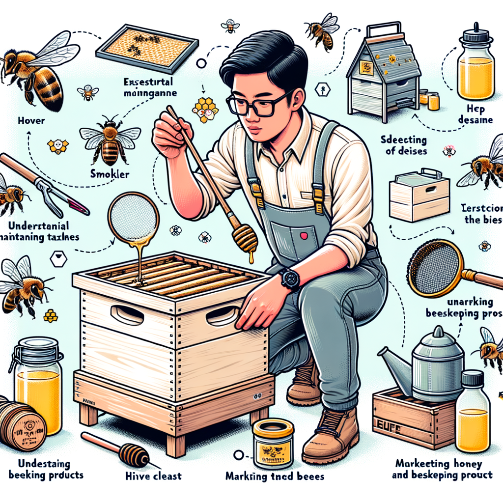 Beekeeping setup guide for beginners showing how to set up a beehive, highlighting essential beekeeping equipment, maintenance, and tips for a successful beekeeping business setup.