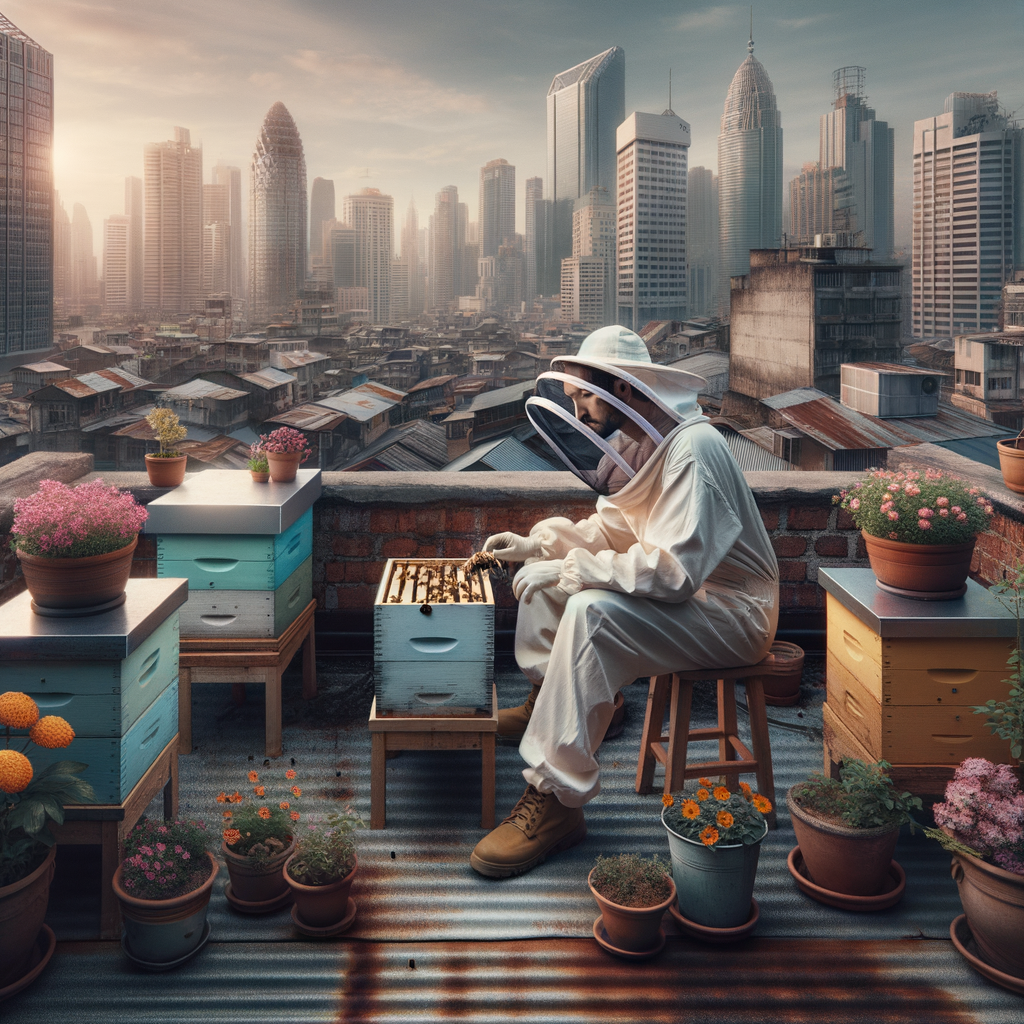 Urban beekeeper in protective gear tending to hives on a city rooftop, symbolizing the therapeutic benefits of beekeeping for mental health and stress relief, and the concept of urban honey production.