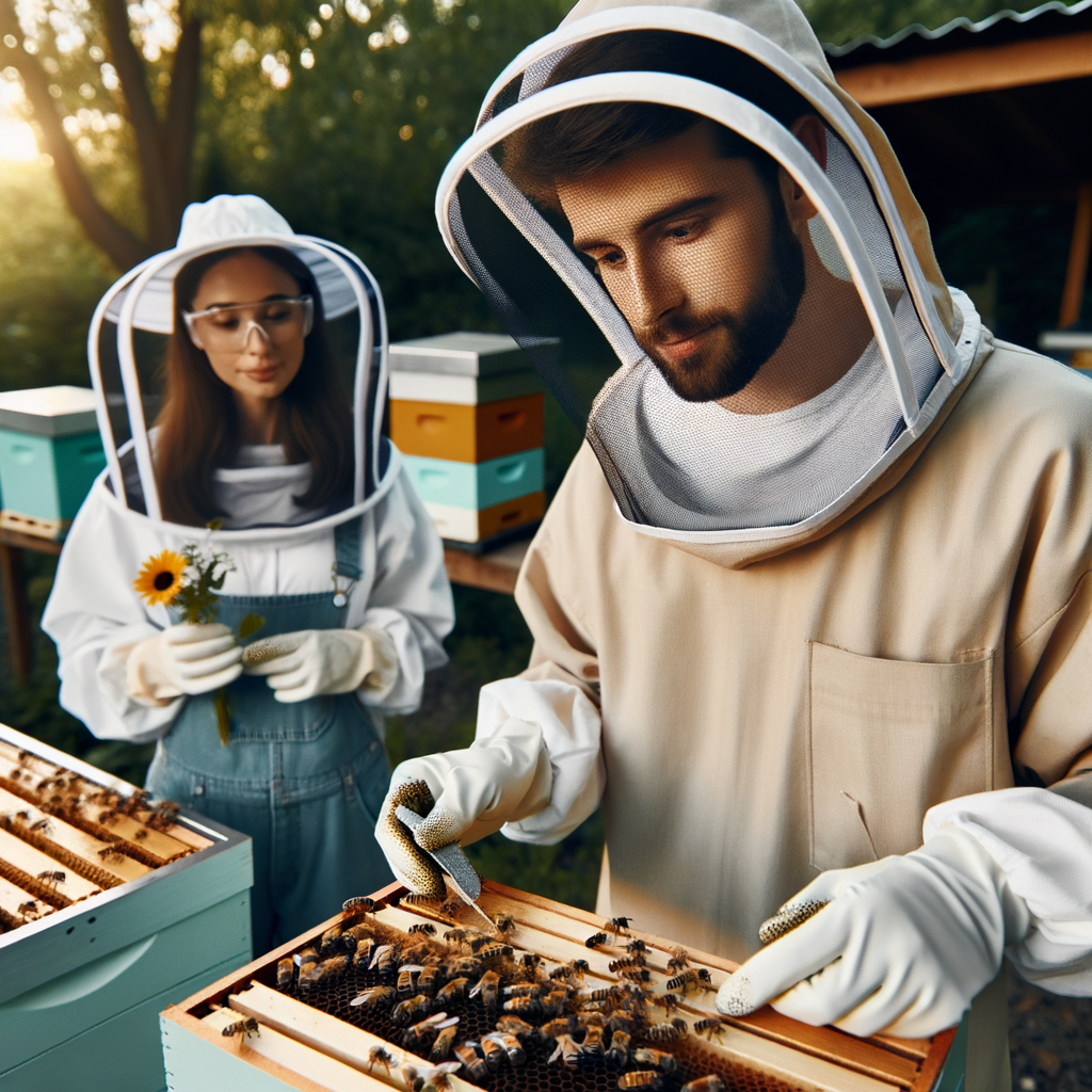 Beginner beekeeper in protective gear practicing organic beekeeping techniques at a sustainable bee farm, illustrating natural beekeeping methods and organic honey production for eco-friendly beekeeping.