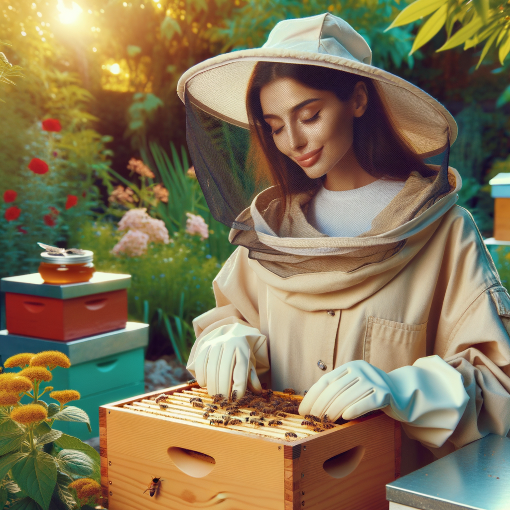 Beekeeper in protective gear tending to a hive in a garden, illustrating the therapeutic benefits of beekeeping for mental health and stress relief.