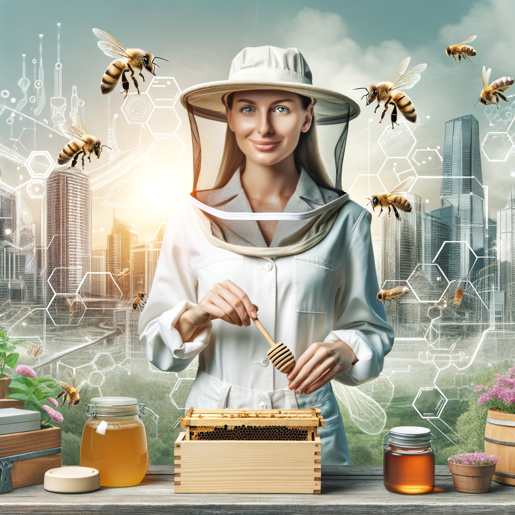 Professional beekeeper demonstrating advanced and beginner-friendly modern beekeeping methods, honey production techniques, and latest beekeeping trends using sustainable equipment for urban beekeeping.