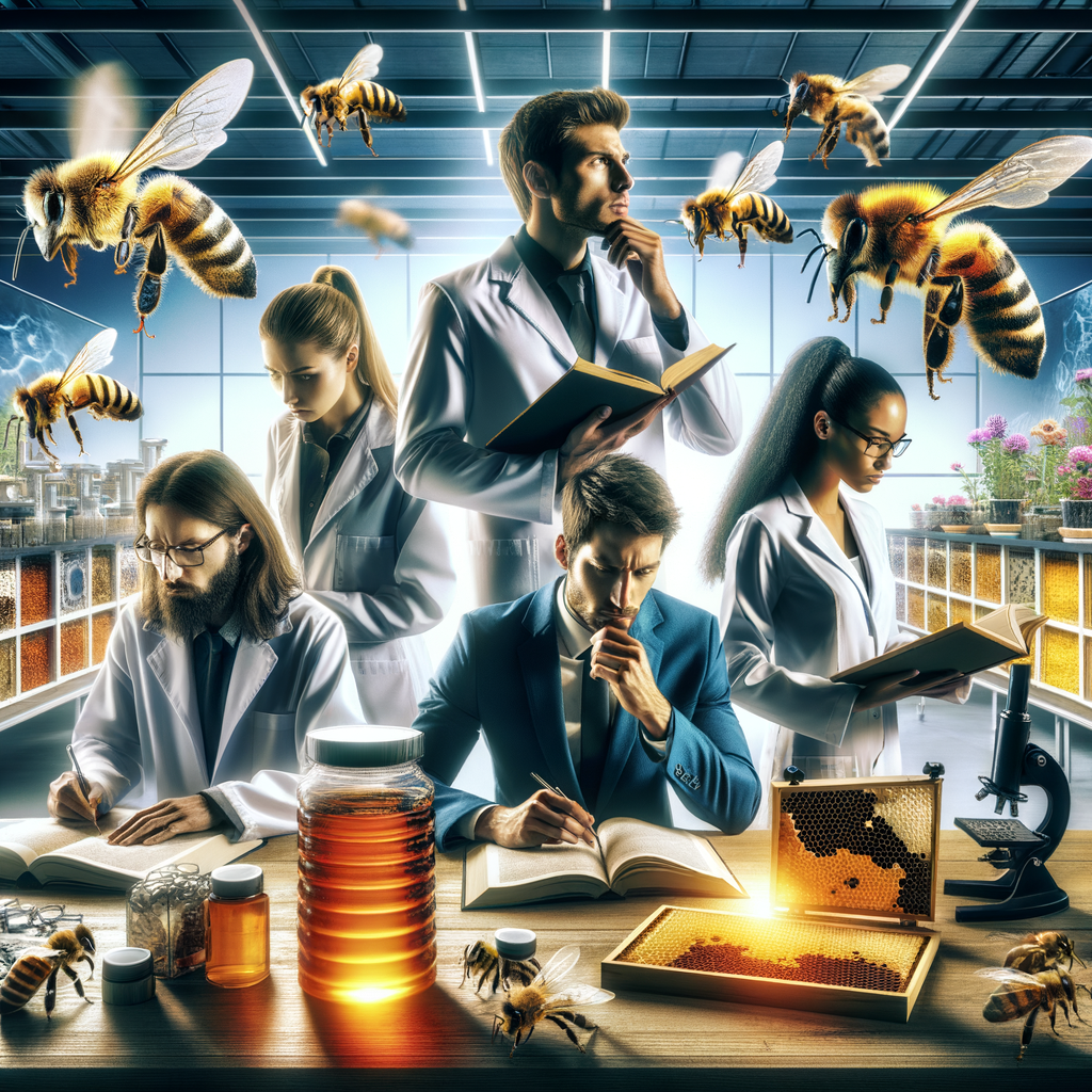 Researchers conducting beekeeping research studies in a lab, highlighting the advancements, trends, and economic opportunities in the beekeeping industry for future prospects.