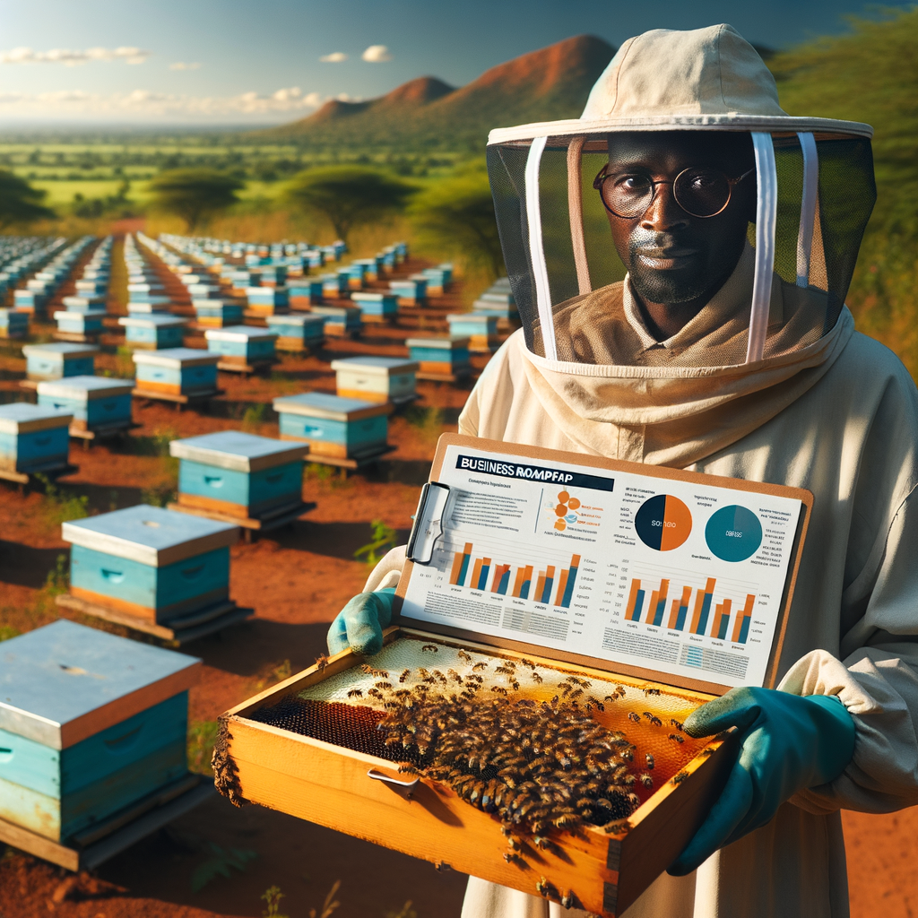 Beekeeper analyzing hive for profit, demonstrating how much beekeepers make per year, with a beekeeping business plan on clipboard, illustrating commercial beekeeping business for sale and the number of bee hives per acre.