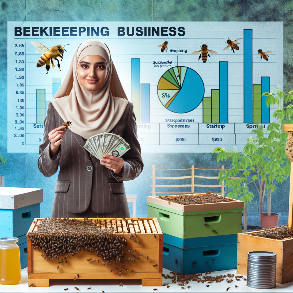 Beekeeping for profit with a professional inspecting a thriving honey bee farm, demonstrating a successful beekeeping business plan, startup costs, and income projections for a profitable honey production business.