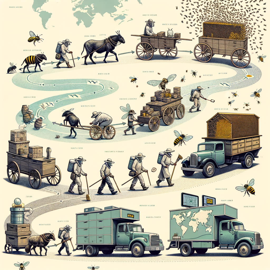 Infographic illustrating the history and evolution of migratory beekeeping practices, highlighting traditional and modern techniques, bee migration patterns and origins.