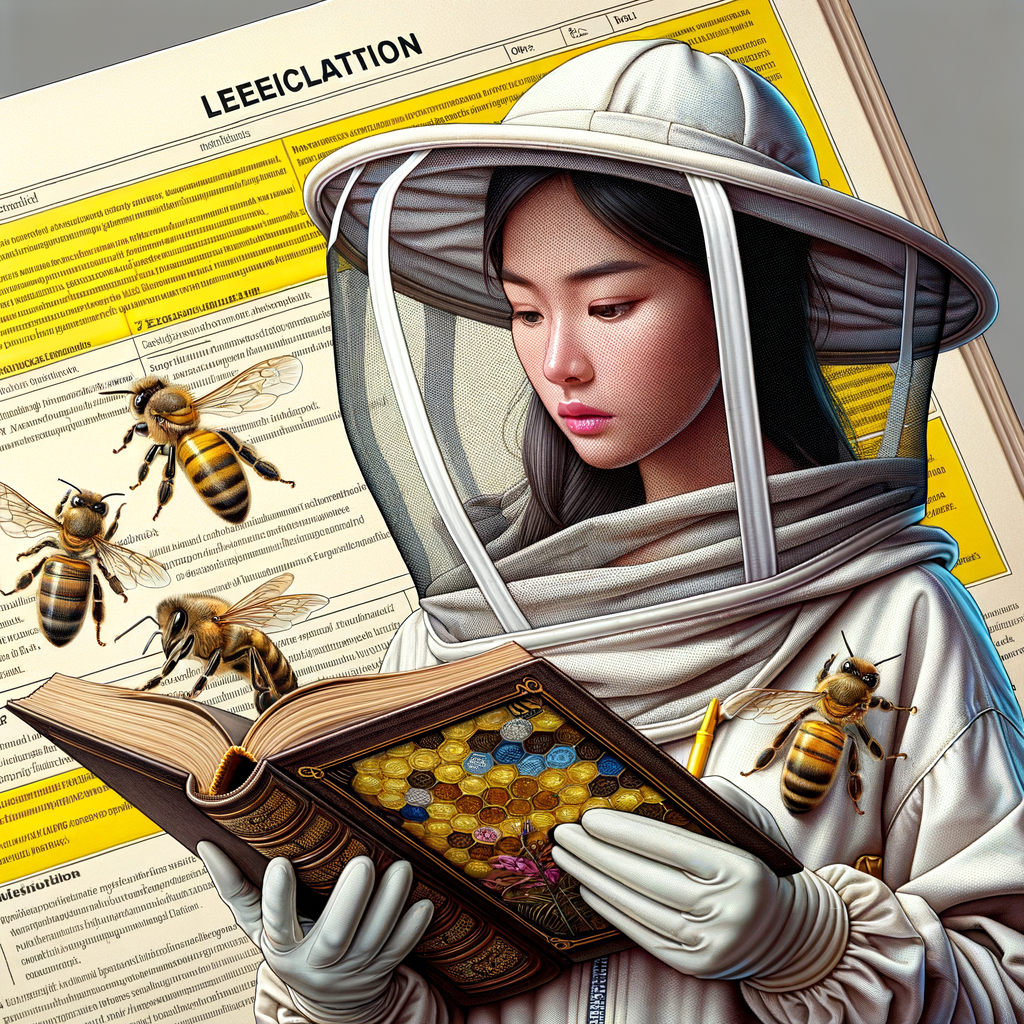 Beekeeper reviewing beekeeping laws and regulations in a legal guide, emphasizing the importance of beekeeping legal issues, legislation, and law compliance for beekeepers.