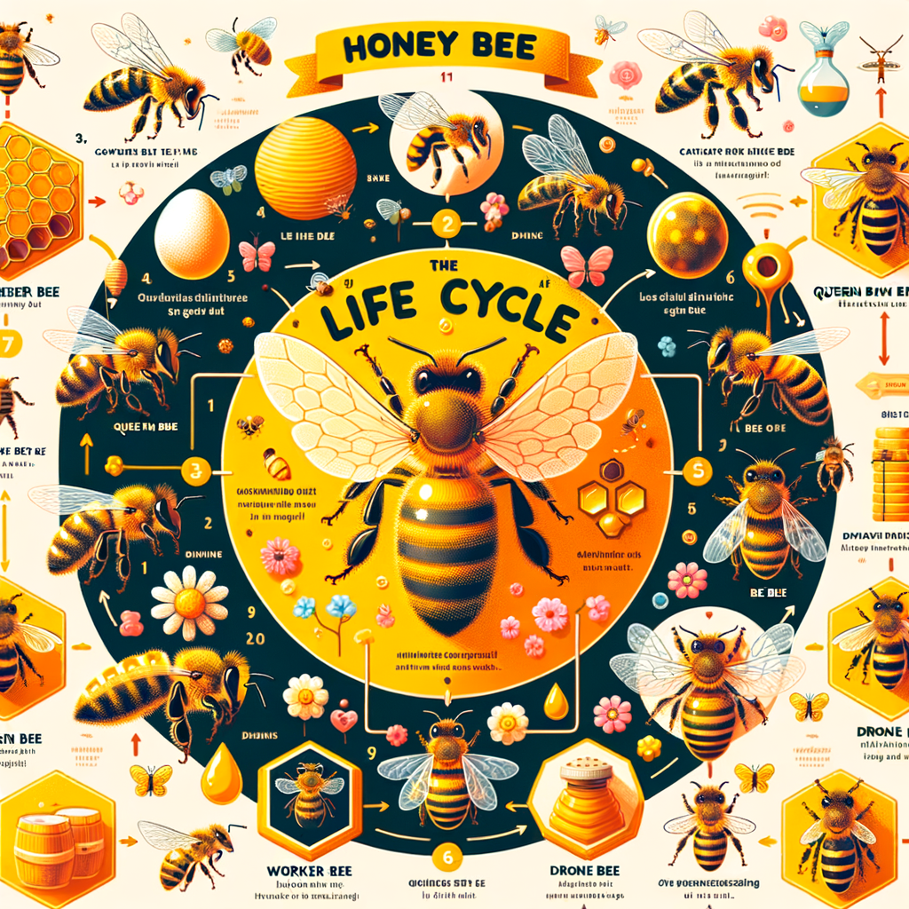 Infographic illustrating bee lifecycle stages including honey bee life cycle, queen bee lifecycle, worker bee life cycle, and lifecycle of a drone bee for easy understanding of bee development, bee metamorphosis, bee life span, and bee colony lifecycle for kids.