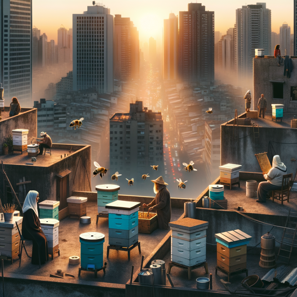 Urban beekeepers managing rooftop beehives at dusk, highlighting urban beekeeping problems such as limited space, pollution, and conflicts with city dwellers, illustrating the challenges in urban honey farming.