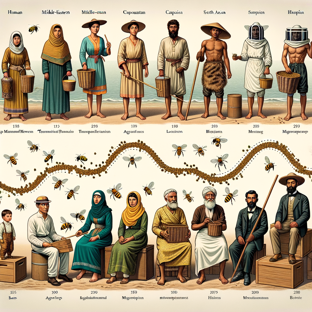 Migratory beekeepers demonstrating the history of migratory beekeeping, showcasing the evolution from traditional beekeeping techniques to modern practices, and illustrating bee migration patterns over centuries.