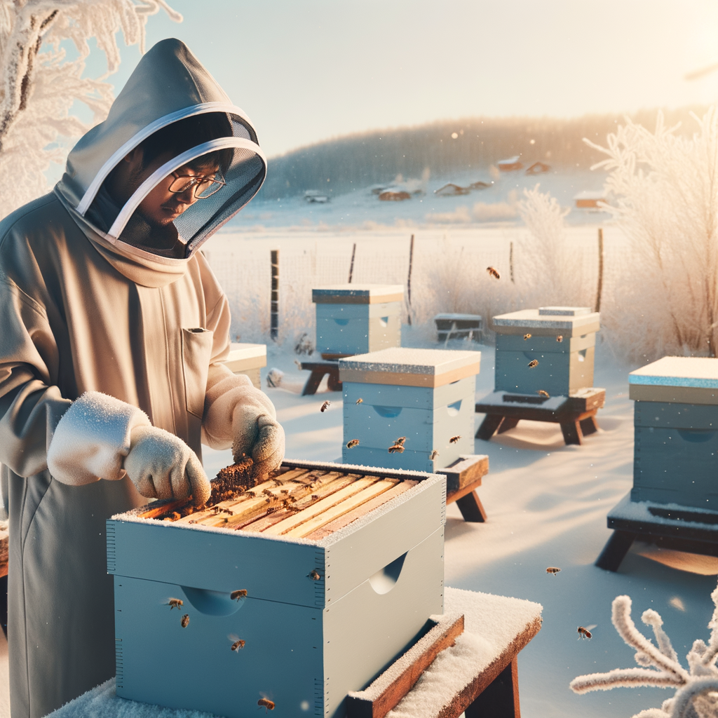 Beekeeper in protective gear winterizing hives, demonstrating beehive winter preparation, cold weather hive care, and providing winter beekeeping tips for insulating beehives and preparing honey bees for winter in cold climates.