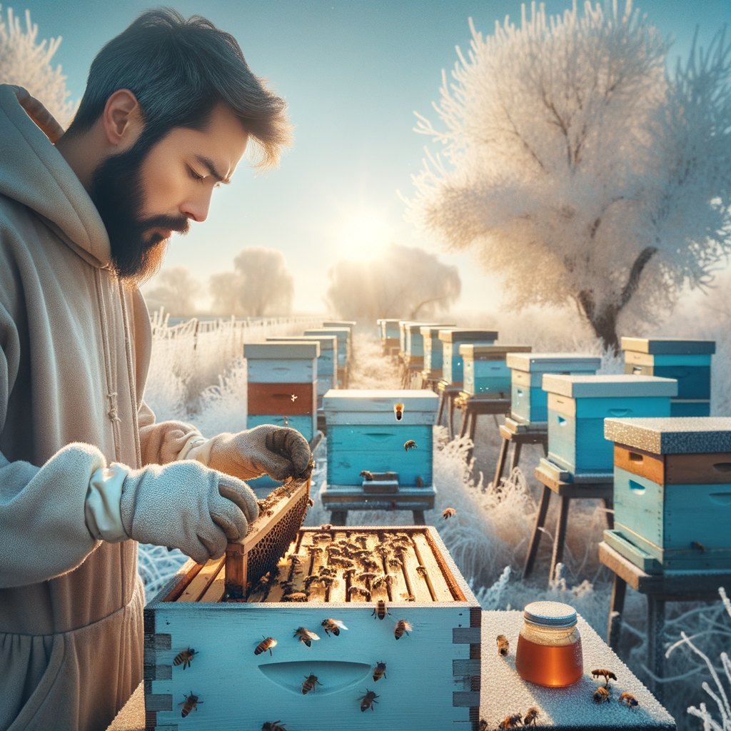 Beekeeper winterizing hives, demonstrating winter beekeeping and hive maintenance, preparing hives for winter, and emphasizing on winter hive management and protection.