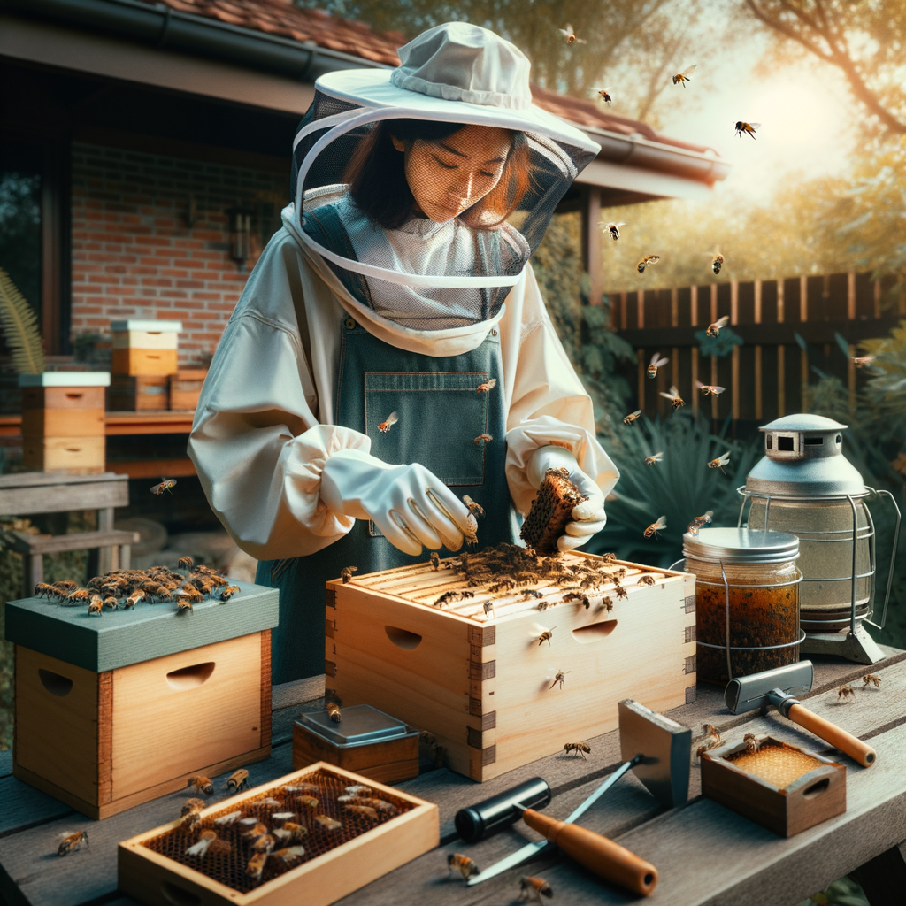 Beginner beekeeper in protective gear tending to backyard beehive, illustrating the benefits, importance, and advantages of beekeeping as a leisure activity, with a focus on sustainable hobby beekeeping practices and equipment.