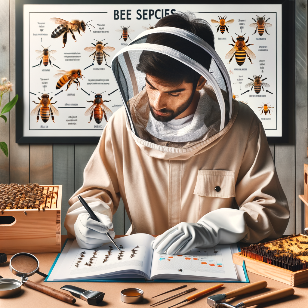 Beekeeping for beginners with a professional examining bee species for beekeeping, showcasing beekeeping equipment, tips, and a guide on how to choose the best bees for honey production for starting a beekeeping business