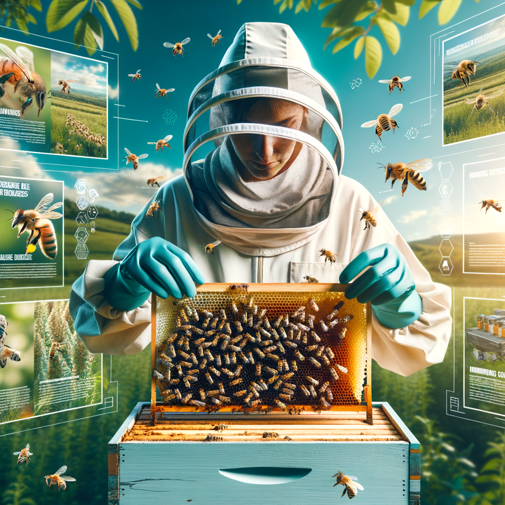 Beekeeper in protective gear examining honeycomb, demonstrating bee health care and management, beekeeping tips, prevention of bee diseases, maintaining hive health for bee colony health and sustainability