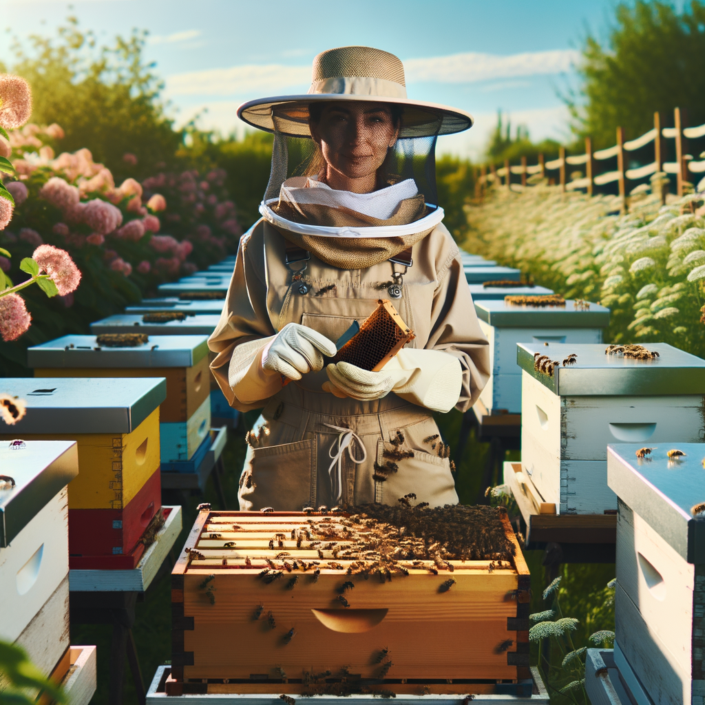 Beekeeping expert demonstrating sustainable beekeeping practices, honey bee care, and efficient honey production methods for beginners in a well-managed apiary