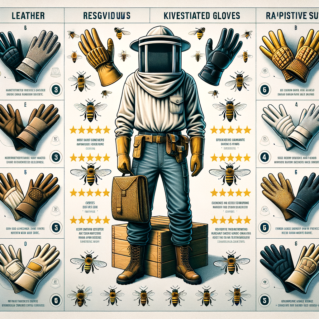 Beekeeping gloves review chart comparing best leather and ventilated gloves for beginners and professionals, highlighting essential beekeeping safety equipment including a suit with gloves.